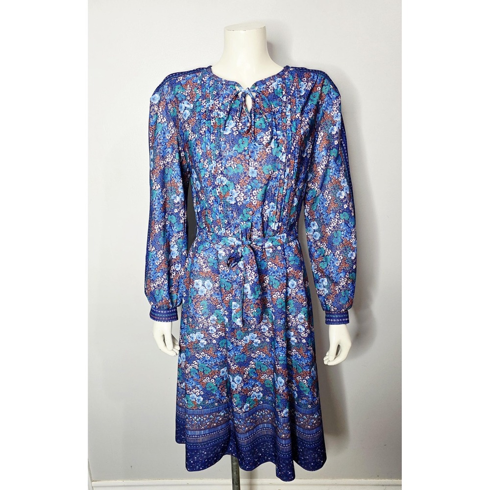 Vintage Floral Midi Dress Womens Medium Blue Long Sleeve Tie Waist Pleated Boho